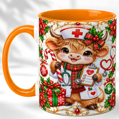 #pl[11oz|Orange] Christmas Nurse Highland Cow Coffee Mug, Holiday Cow Mug, Ceramic Cup