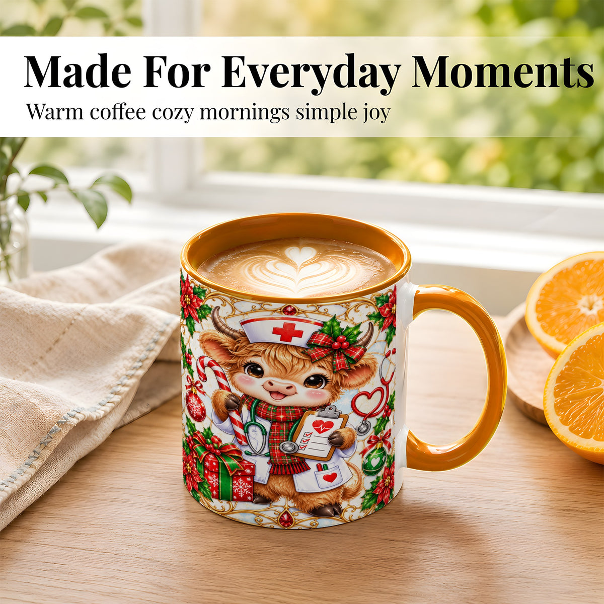 #pl[11oz|Orange] Christmas Nurse Highland Cow Coffee Mug, Holiday Cow Mug, Ceramic Cup