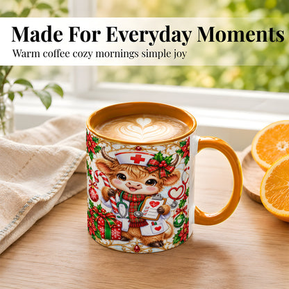 #pl[11oz|Orange] Christmas Nurse Highland Cow Coffee Mug, Holiday Cow Mug, Ceramic Cup