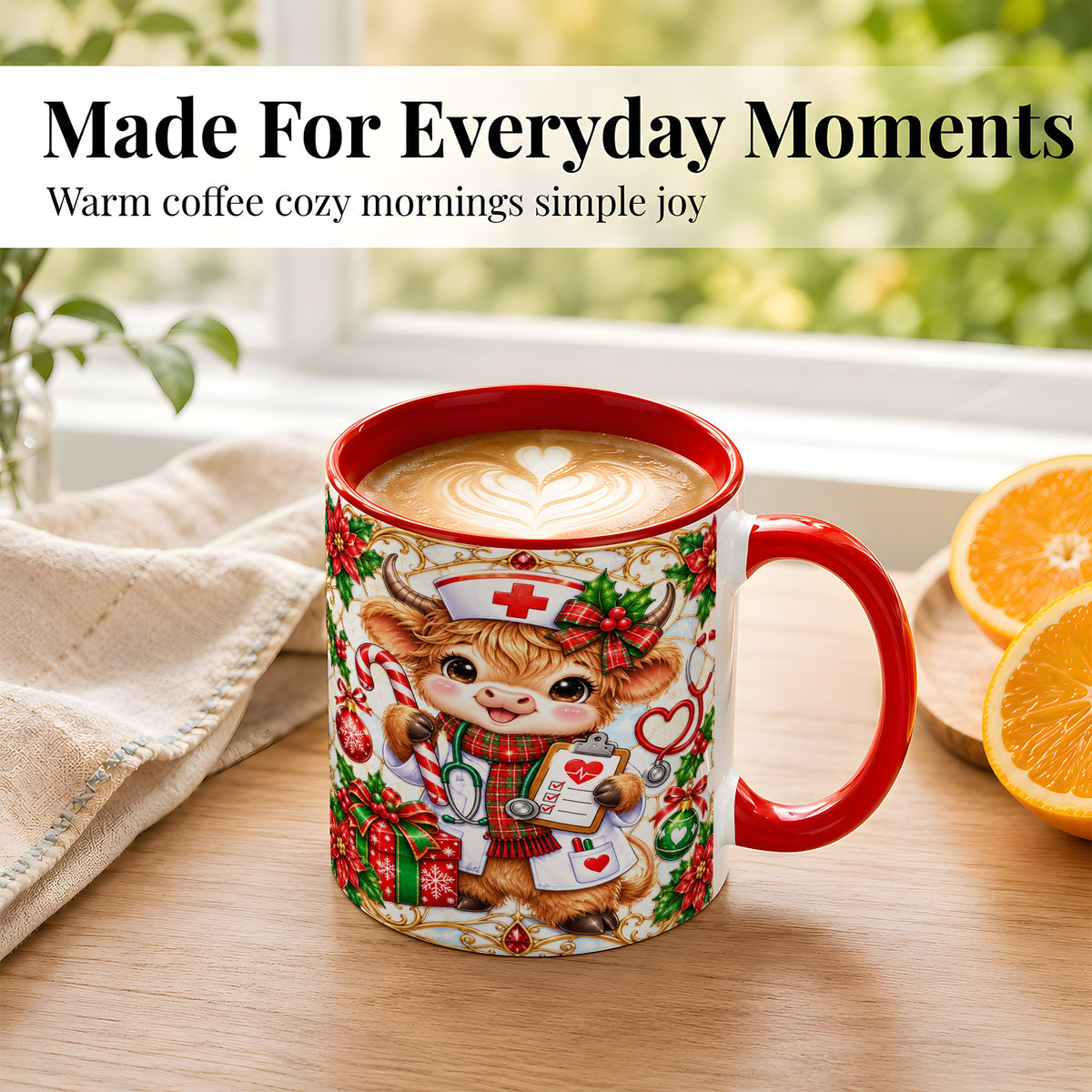 #pl[11oz|Red] Christmas Nurse Highland Cow Coffee Mug, Holiday Cow Mug, Ceramic Cup