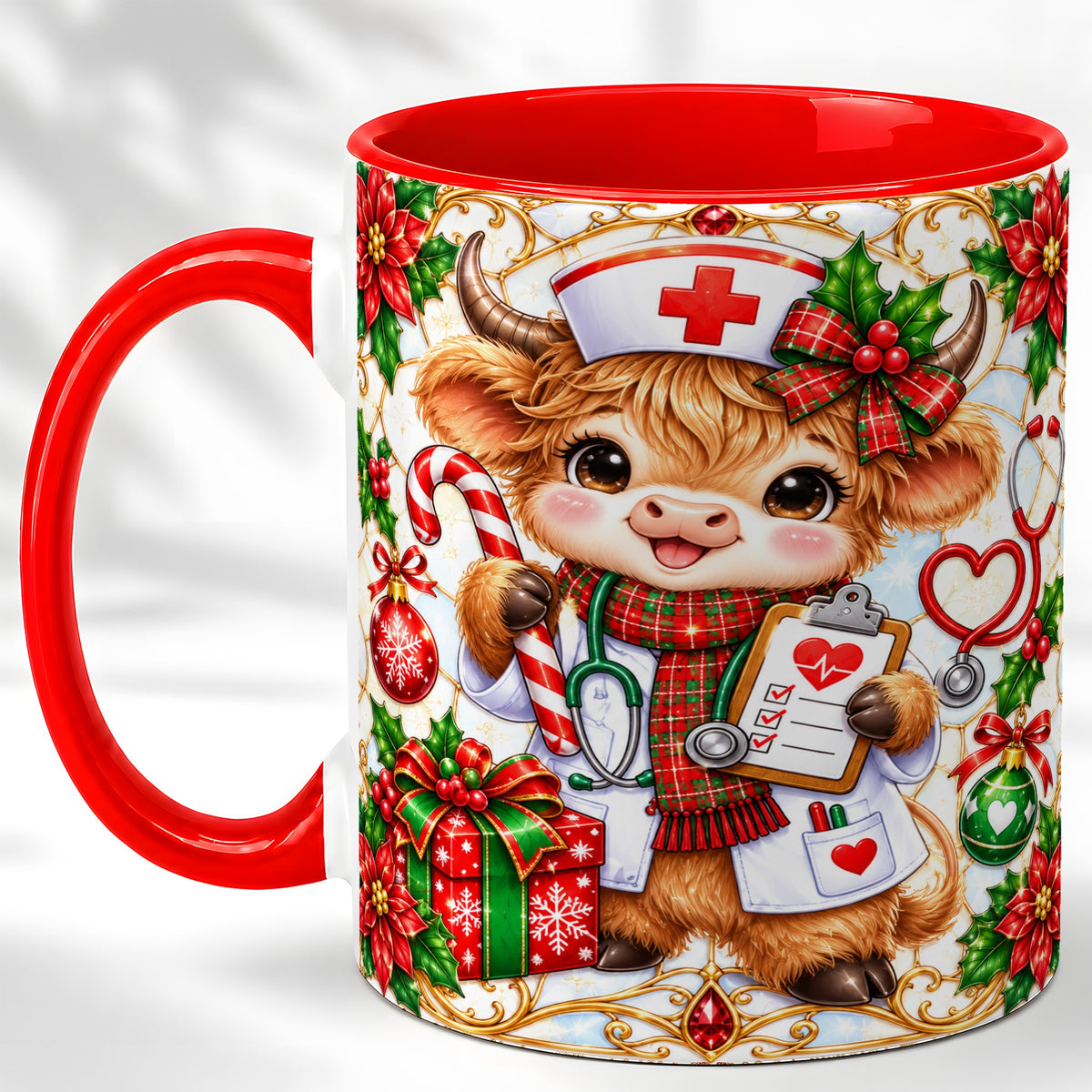 Christmas Nurse Highland Cow Coffee Mug, Holiday Cow Mug, Ceramic Cup