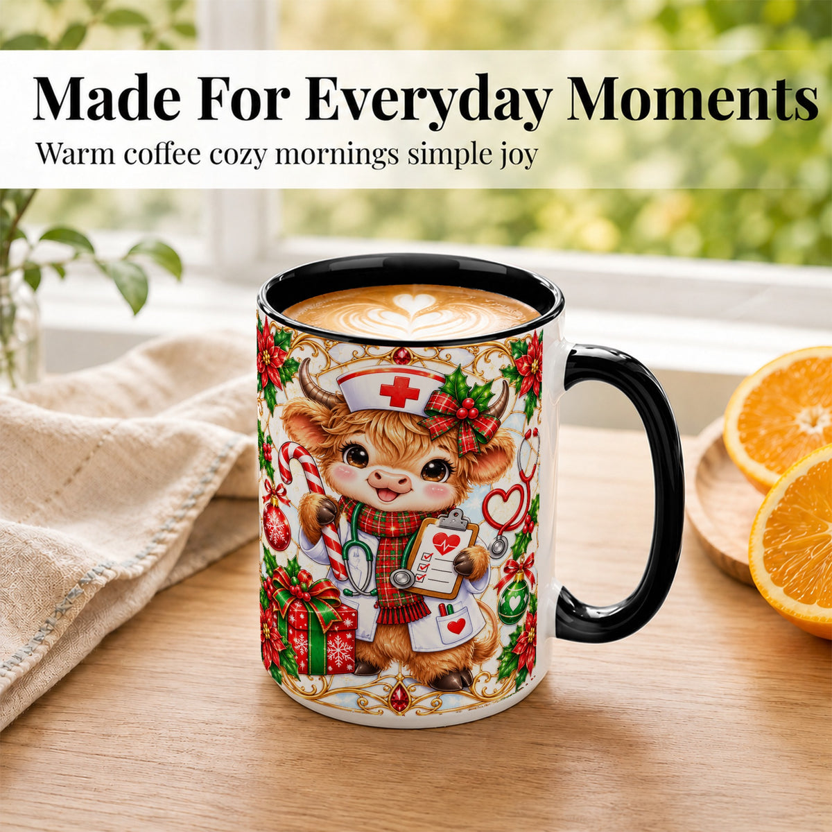 #pl[15oz|Black] Christmas Nurse Highland Cow Coffee Mug, Holiday Cow Mug, Ceramic Cup