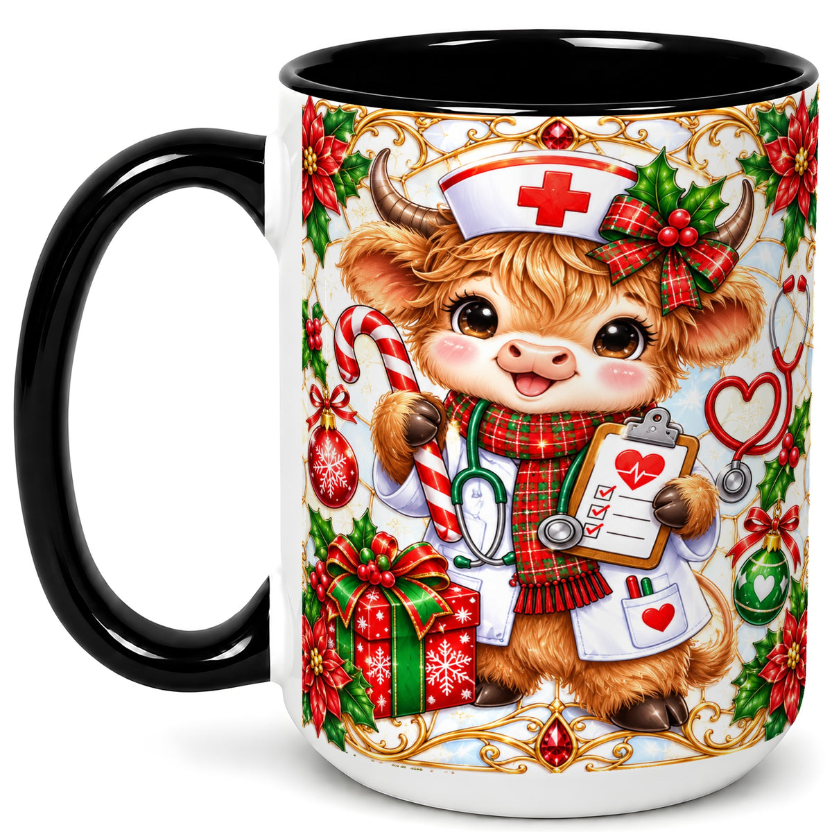 #pl[15oz|Black] Christmas Nurse Highland Cow Coffee Mug, Holiday Cow Mug, Ceramic Cup