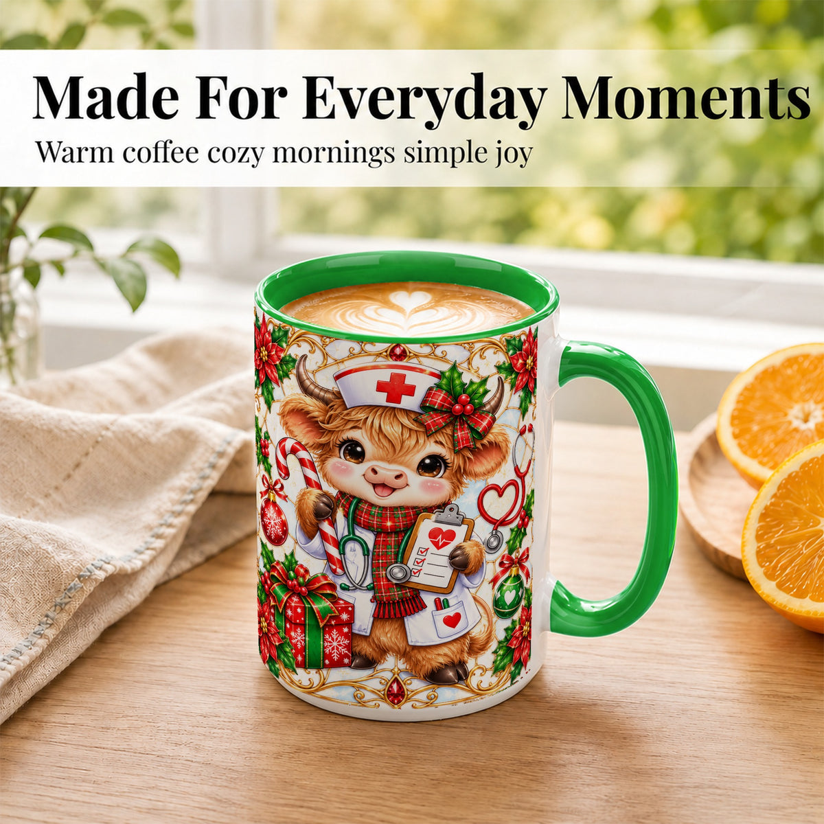 #pl[15oz|Green] Christmas Nurse Highland Cow Coffee Mug, Holiday Cow Mug, Ceramic Cup