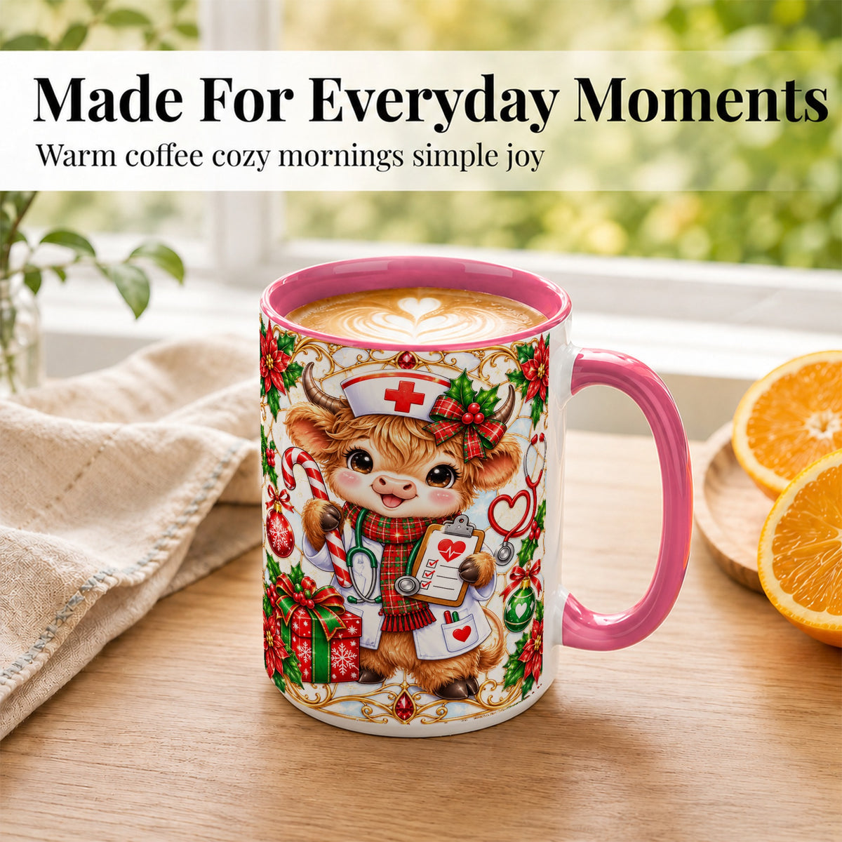 #pl[15oz|Pink] Christmas Nurse Highland Cow Coffee Mug, Holiday Cow Mug, Ceramic Cup