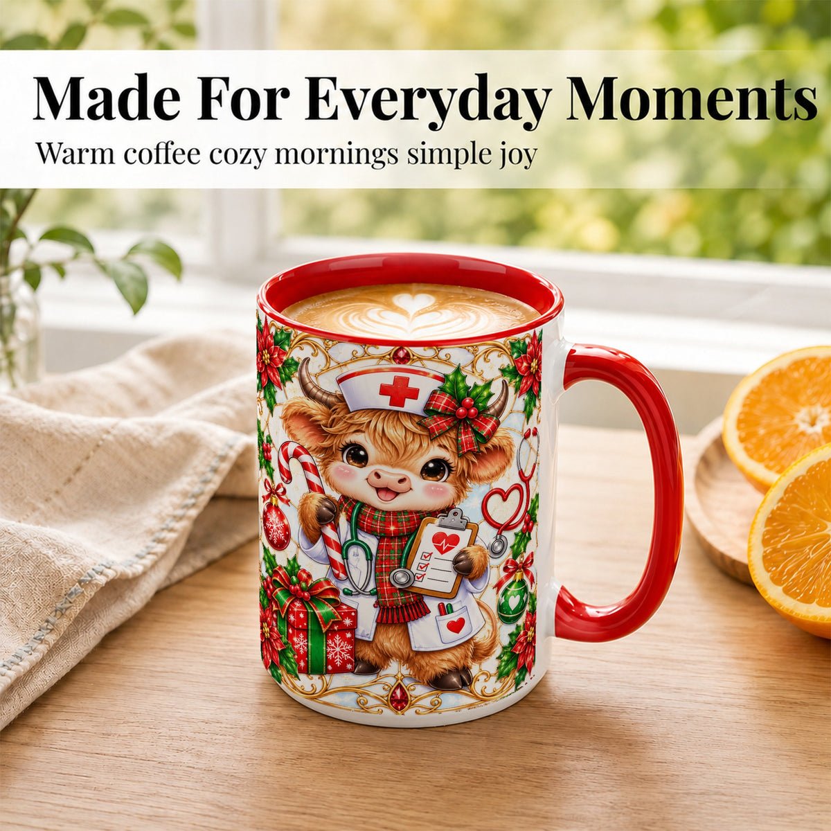 #pl[15oz|Red] Christmas Nurse Highland Cow Coffee Mug, Holiday Cow Mug, Ceramic Cup