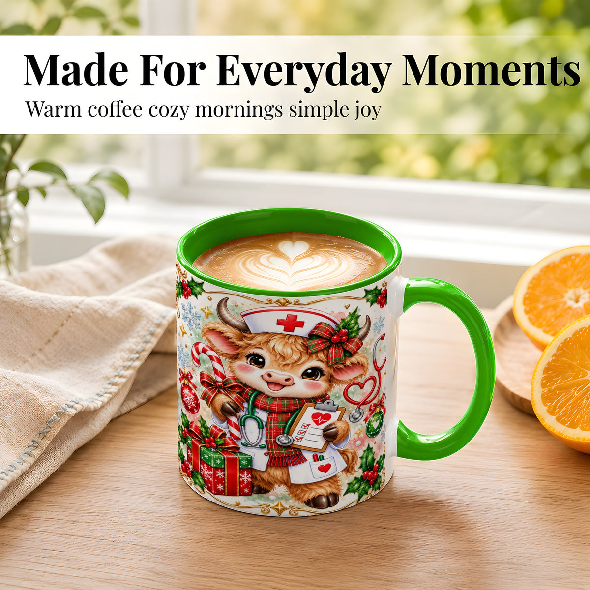 #pl[11oz|Green] Christmas Nurse Cow Coffee Mug, Highland Cow Mug, Ceramic Cup