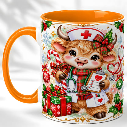 #pl[11oz|Orange] Christmas Nurse Cow Coffee Mug, Highland Cow Mug, Ceramic Cup