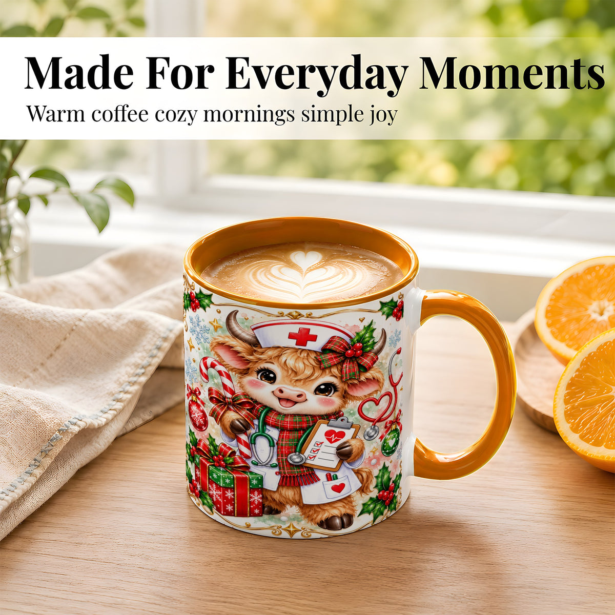 #pl[11oz|Orange] Christmas Nurse Cow Coffee Mug, Highland Cow Mug, Ceramic Cup