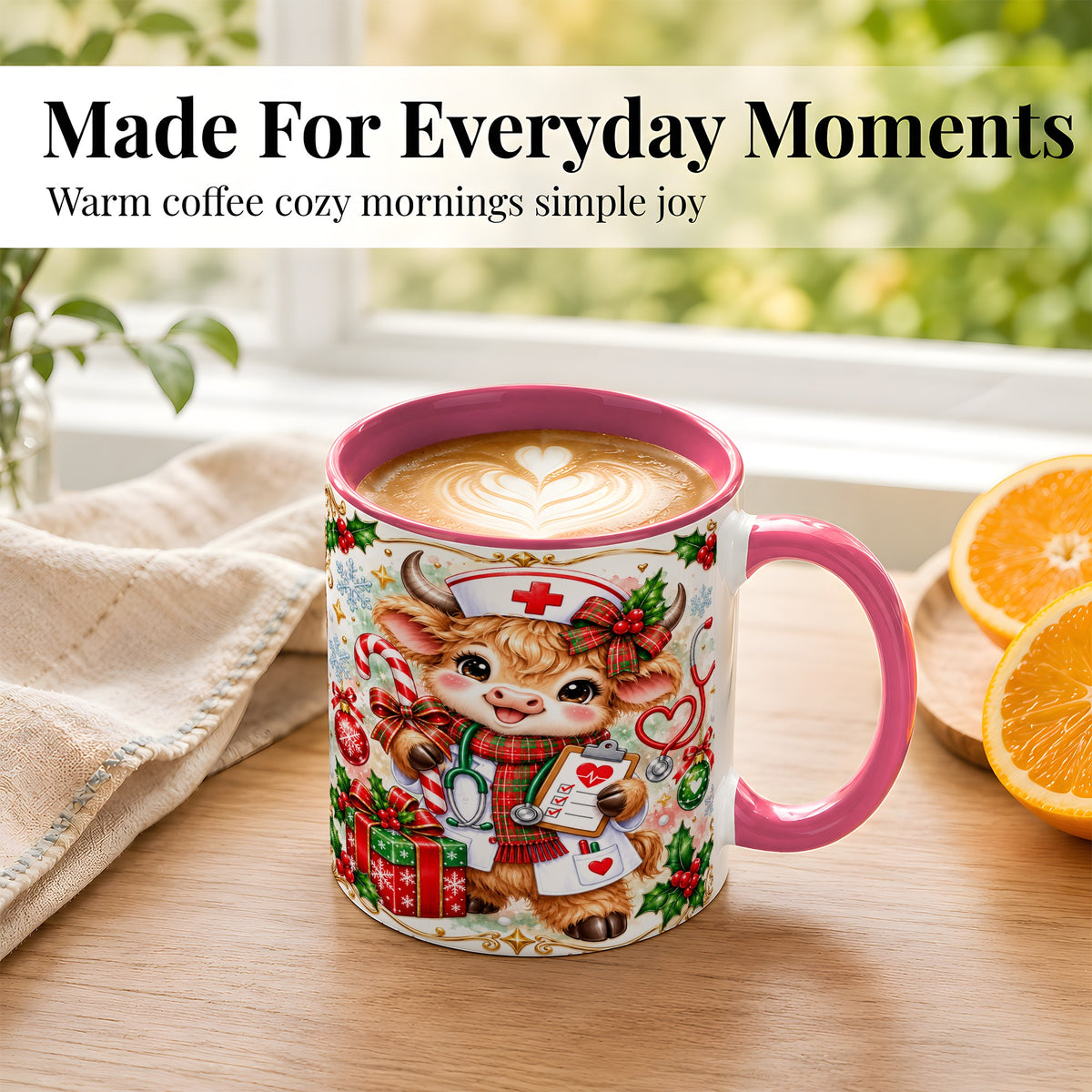 #pl[11oz|Pink] Christmas Nurse Cow Coffee Mug, Highland Cow Mug, Ceramic Cup