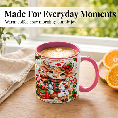 #pl[11oz|Pink] Christmas Nurse Cow Coffee Mug, Highland Cow Mug, Ceramic Cup