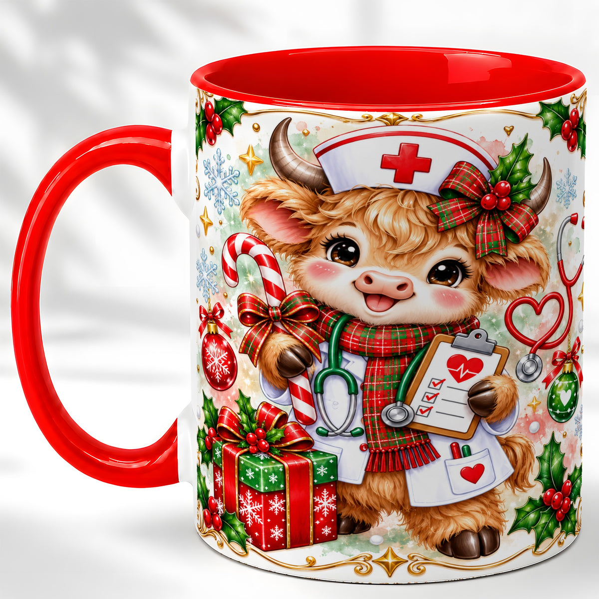 Christmas Nurse Cow Coffee Mug, Highland Cow Mug, Ceramic Cup
