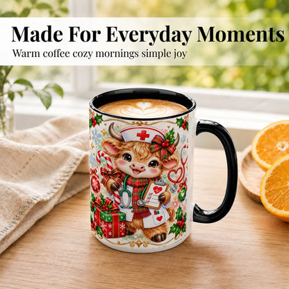 #pl[15oz|Black] Christmas Nurse Cow Coffee Mug, Highland Cow Mug, Ceramic Cup