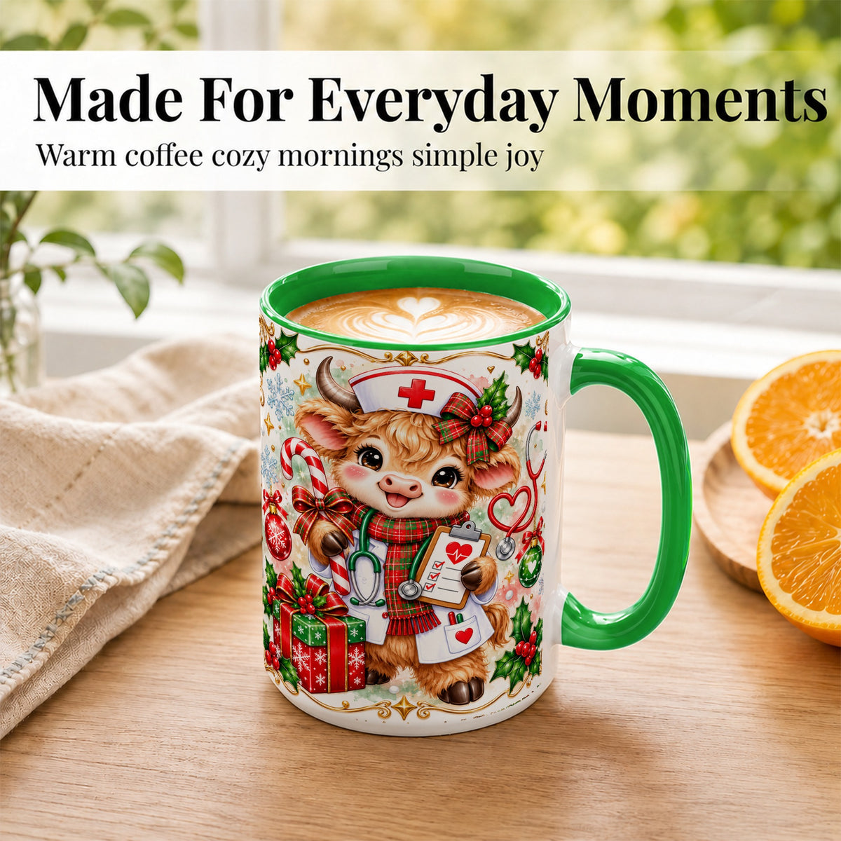 #pl[15oz|Green] Christmas Nurse Cow Coffee Mug, Highland Cow Mug, Ceramic Cup