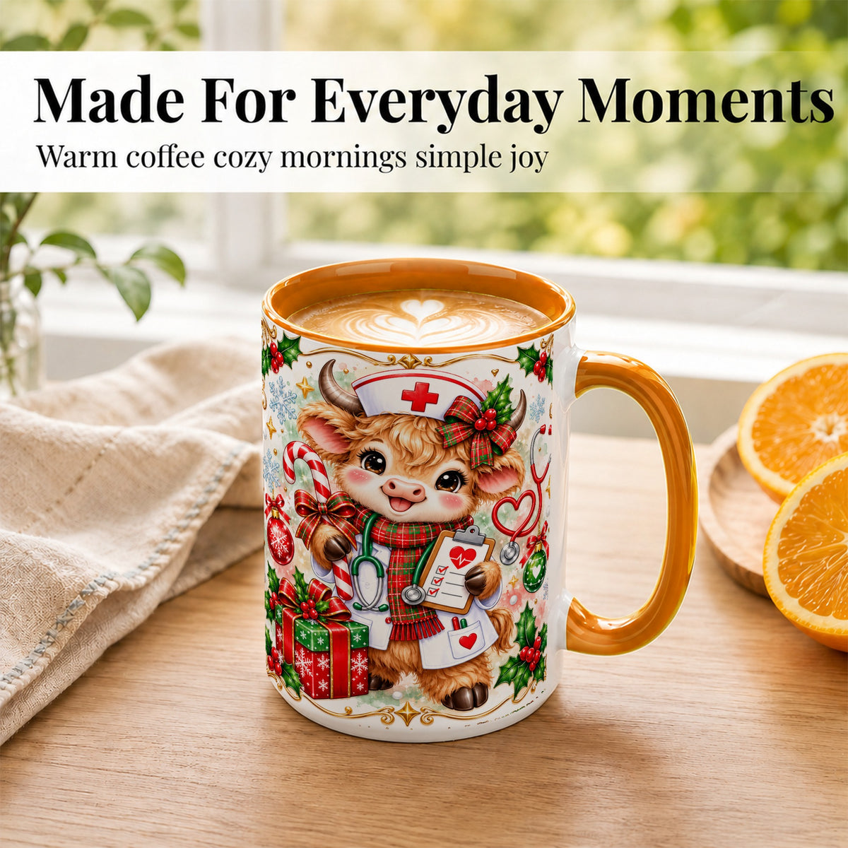 #pl[15oz|Orange] Christmas Nurse Cow Coffee Mug, Highland Cow Mug, Ceramic Cup