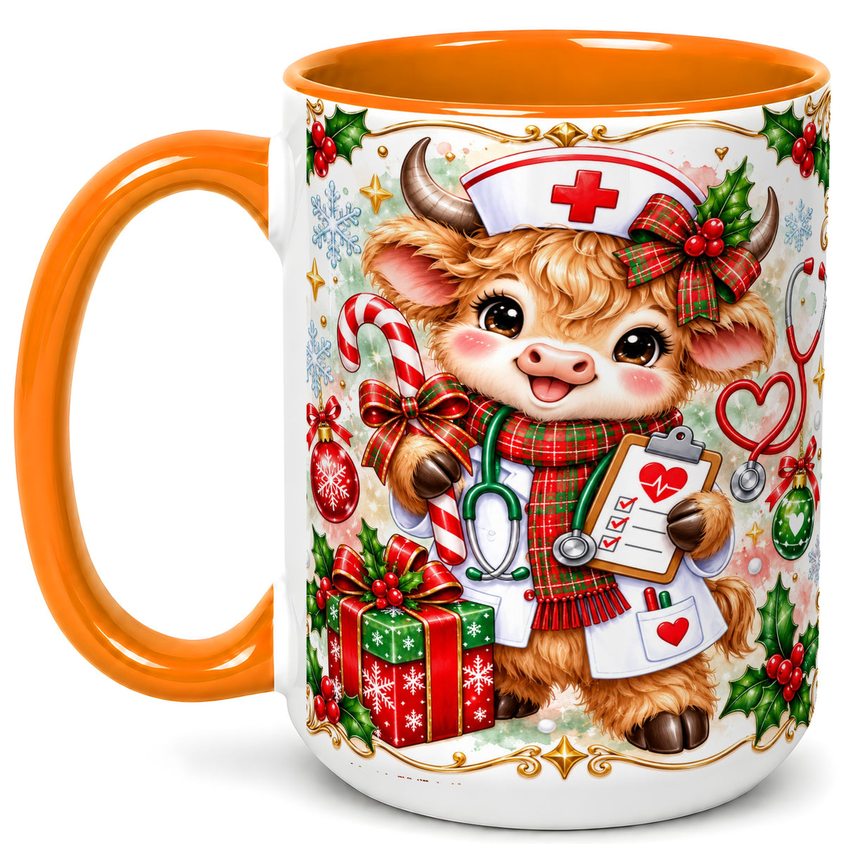 #pl[15oz|Orange] Christmas Nurse Cow Coffee Mug, Highland Cow Mug, Ceramic Cup