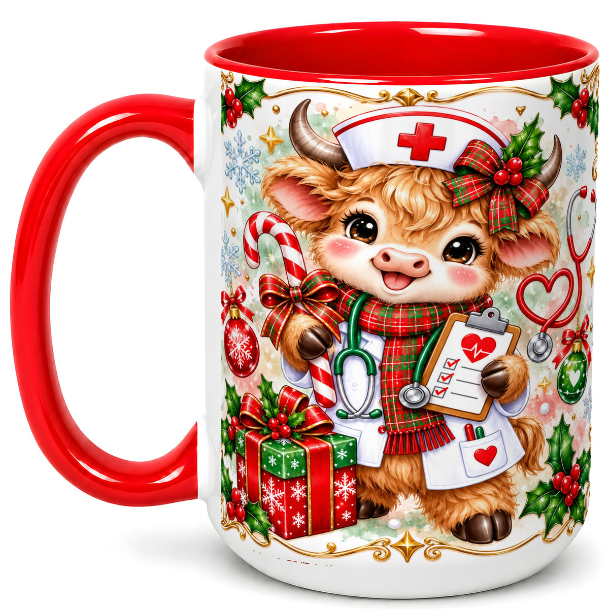 #pl[15oz|Red] Christmas Nurse Cow Coffee Mug, Highland Cow Mug, Ceramic Cup