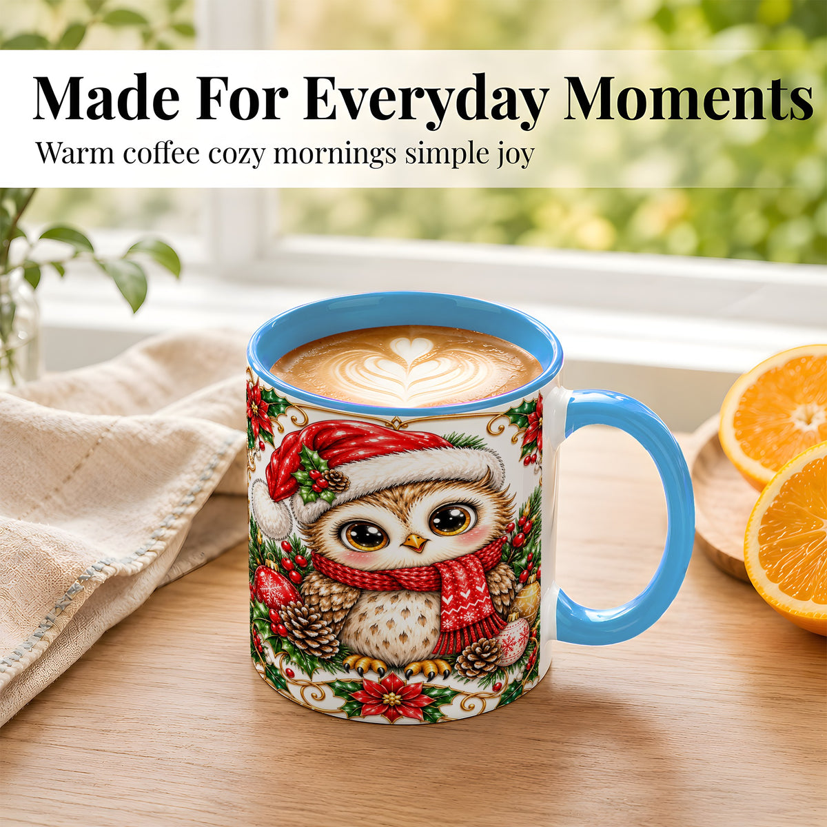 #pl[11oz|Blue] Christmas Owl Coffee Mug, Santa Hat Woodland Bird Mug, Ceramic Cup