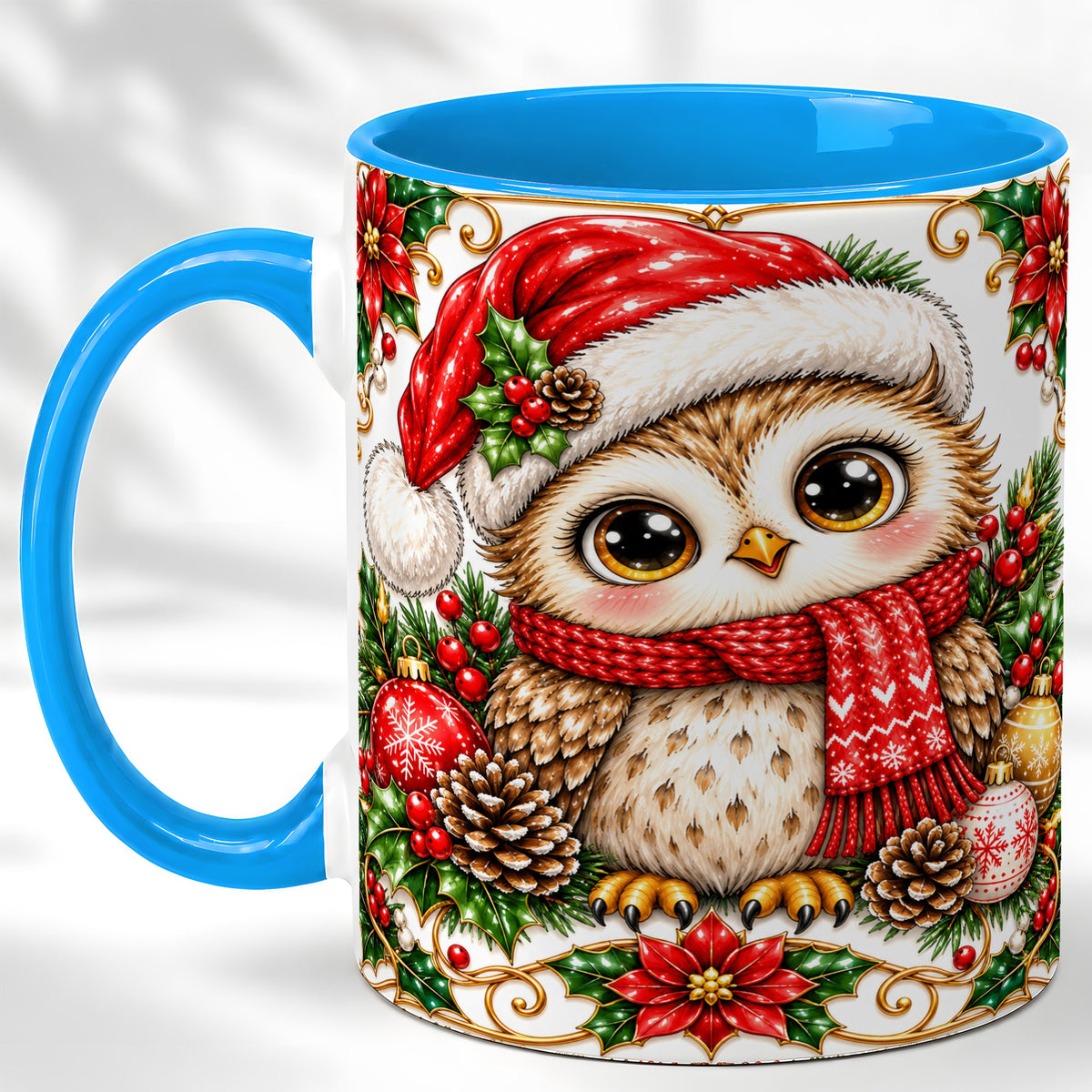 #pl[11oz|Blue] Christmas Owl Coffee Mug, Santa Hat Woodland Bird Mug, Ceramic Cup