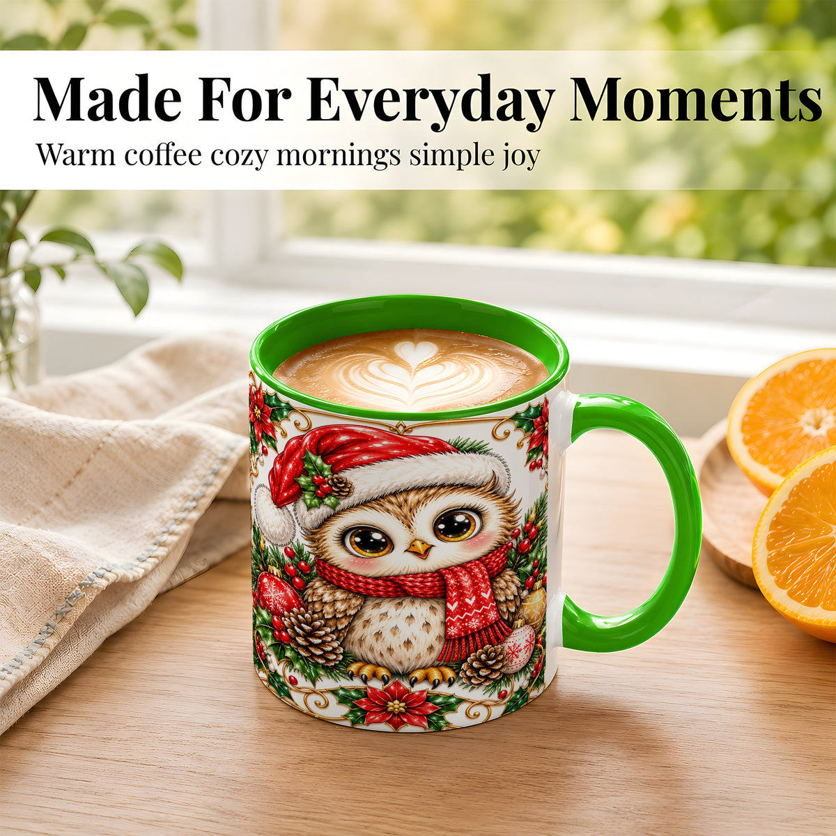 #pl[11oz|Green] Christmas Owl Coffee Mug, Santa Hat Woodland Bird Mug, Ceramic Cup