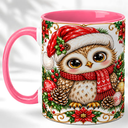 #pl[11oz|Pink] Christmas Owl Coffee Mug, Santa Hat Woodland Bird Mug, Ceramic Cup