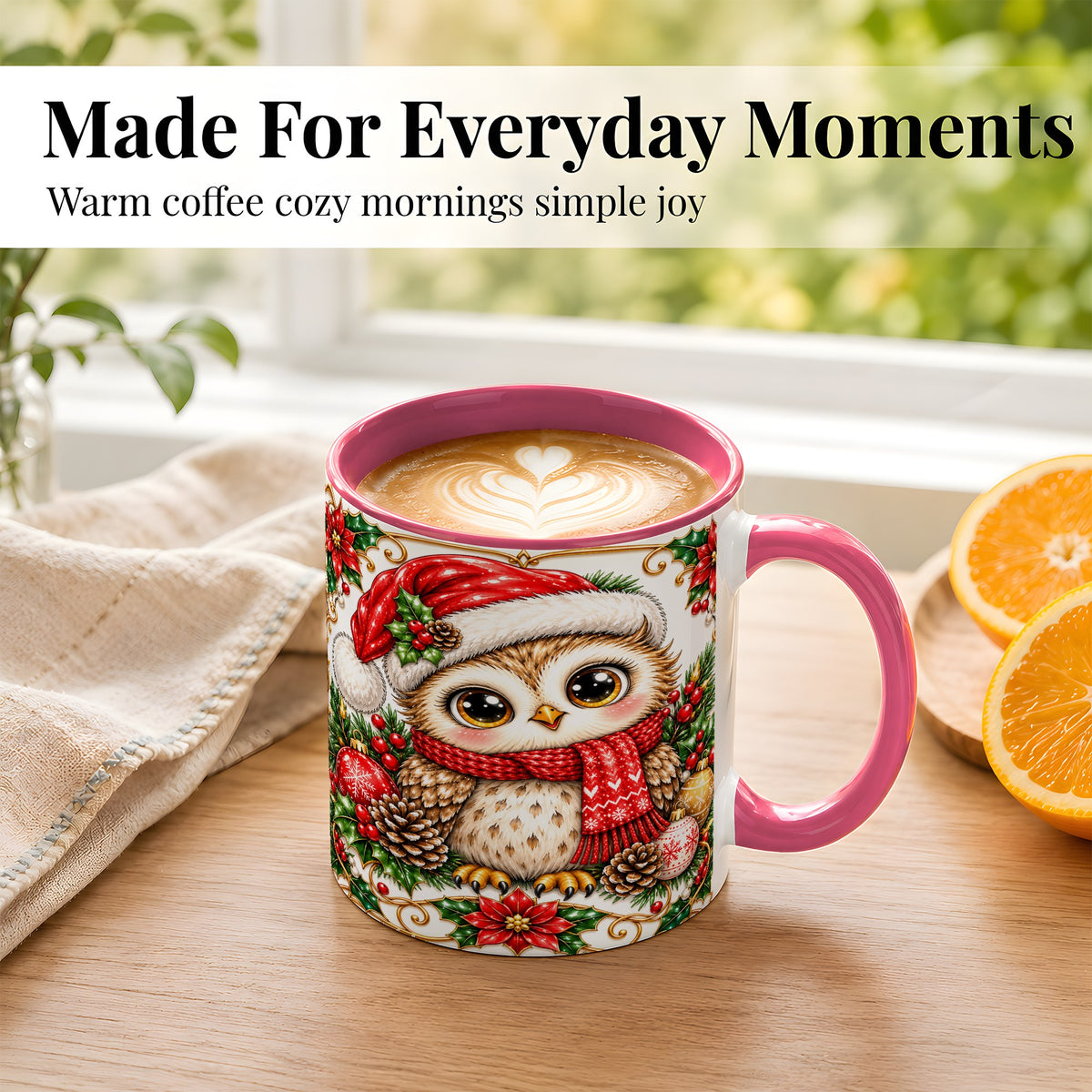 #pl[11oz|Pink] Christmas Owl Coffee Mug, Santa Hat Woodland Bird Mug, Ceramic Cup