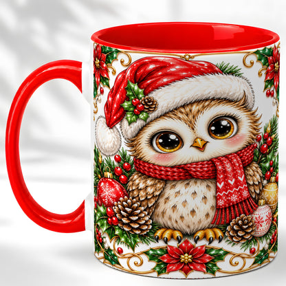 Christmas Owl Coffee Mug, Santa Hat Woodland Bird Mug, Ceramic Cup