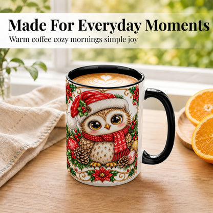 #pl[15oz|Black] Christmas Owl Coffee Mug, Santa Hat Woodland Bird Mug, Ceramic Cup