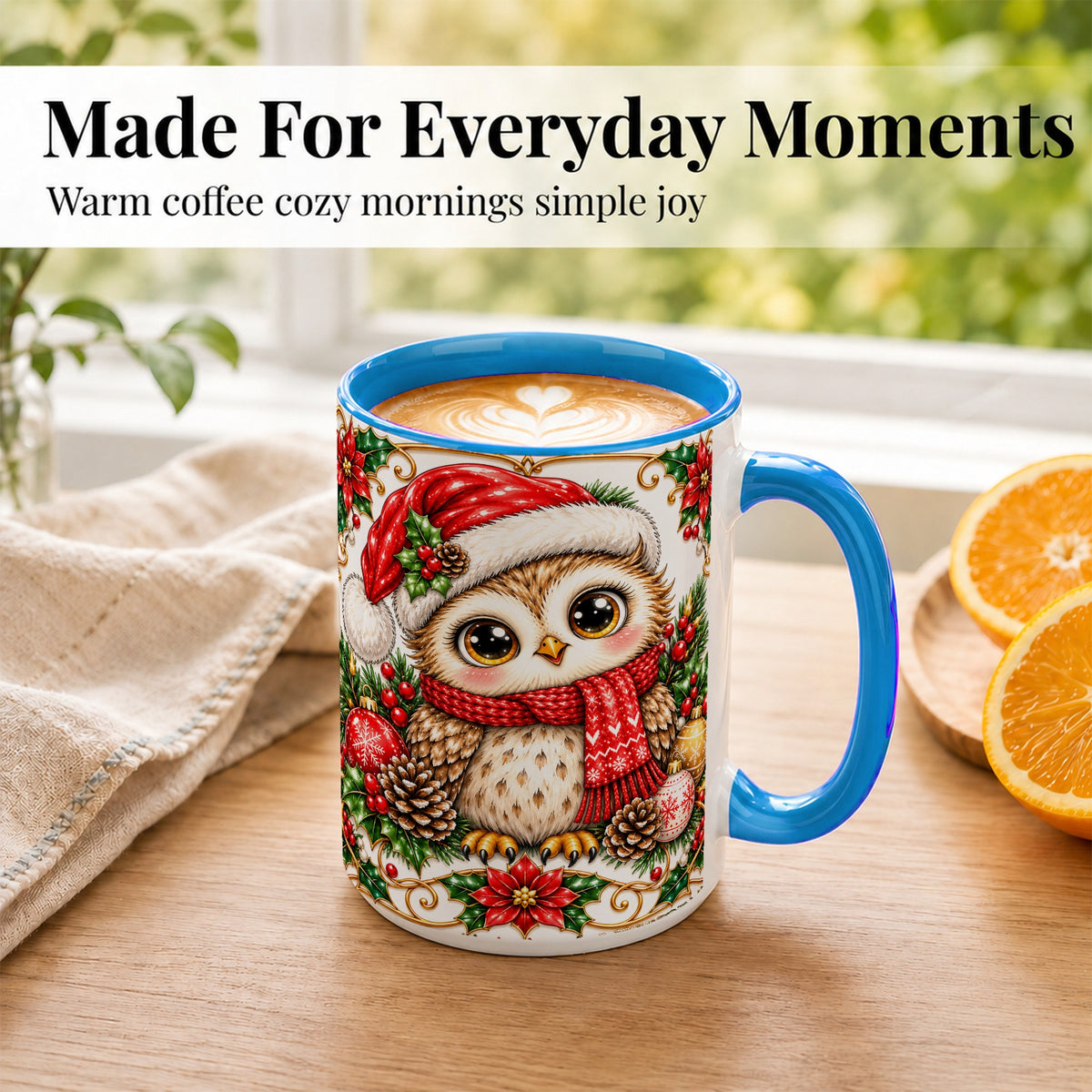 #pl[15oz|Blue] Christmas Owl Coffee Mug, Santa Hat Woodland Bird Mug, Ceramic Cup