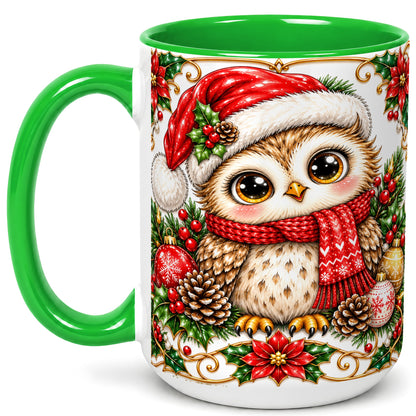 #pl[15oz|Green] Christmas Owl Coffee Mug, Santa Hat Woodland Bird Mug, Ceramic Cup