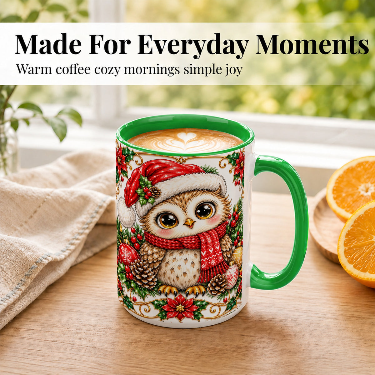 #pl[15oz|Green] Christmas Owl Coffee Mug, Santa Hat Woodland Bird Mug, Ceramic Cup