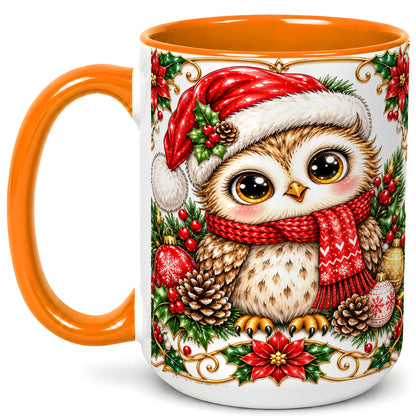 #pl[15oz|Orange] Christmas Owl Coffee Mug, Santa Hat Woodland Bird Mug, Ceramic Cup