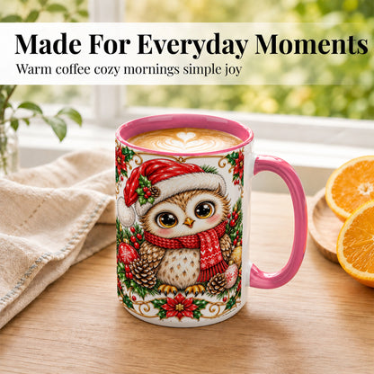 #pl[15oz|Pink] Christmas Owl Coffee Mug, Santa Hat Woodland Bird Mug, Ceramic Cup