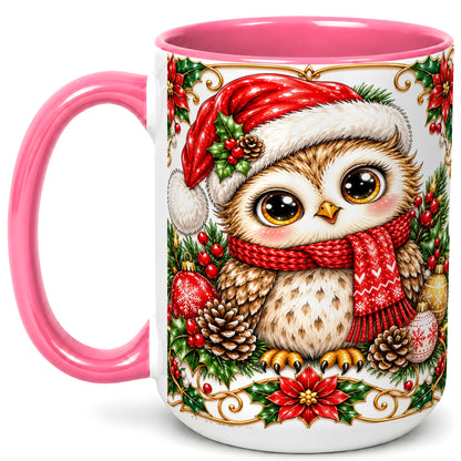 #pl[15oz|Pink] Christmas Owl Coffee Mug, Santa Hat Woodland Bird Mug, Ceramic Cup