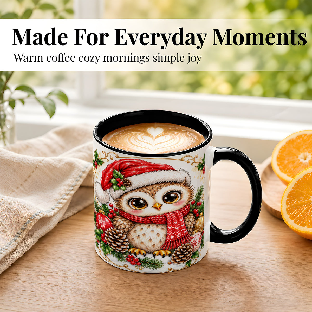 #pl[11oz|Black] Cute Christmas Owl Coffee Mug, Snowy Woodland Bird Mug, Ceramic Cup