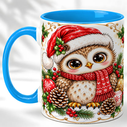 #pl[11oz|Blue] Cute Christmas Owl Coffee Mug, Snowy Woodland Bird Mug, Ceramic Cup