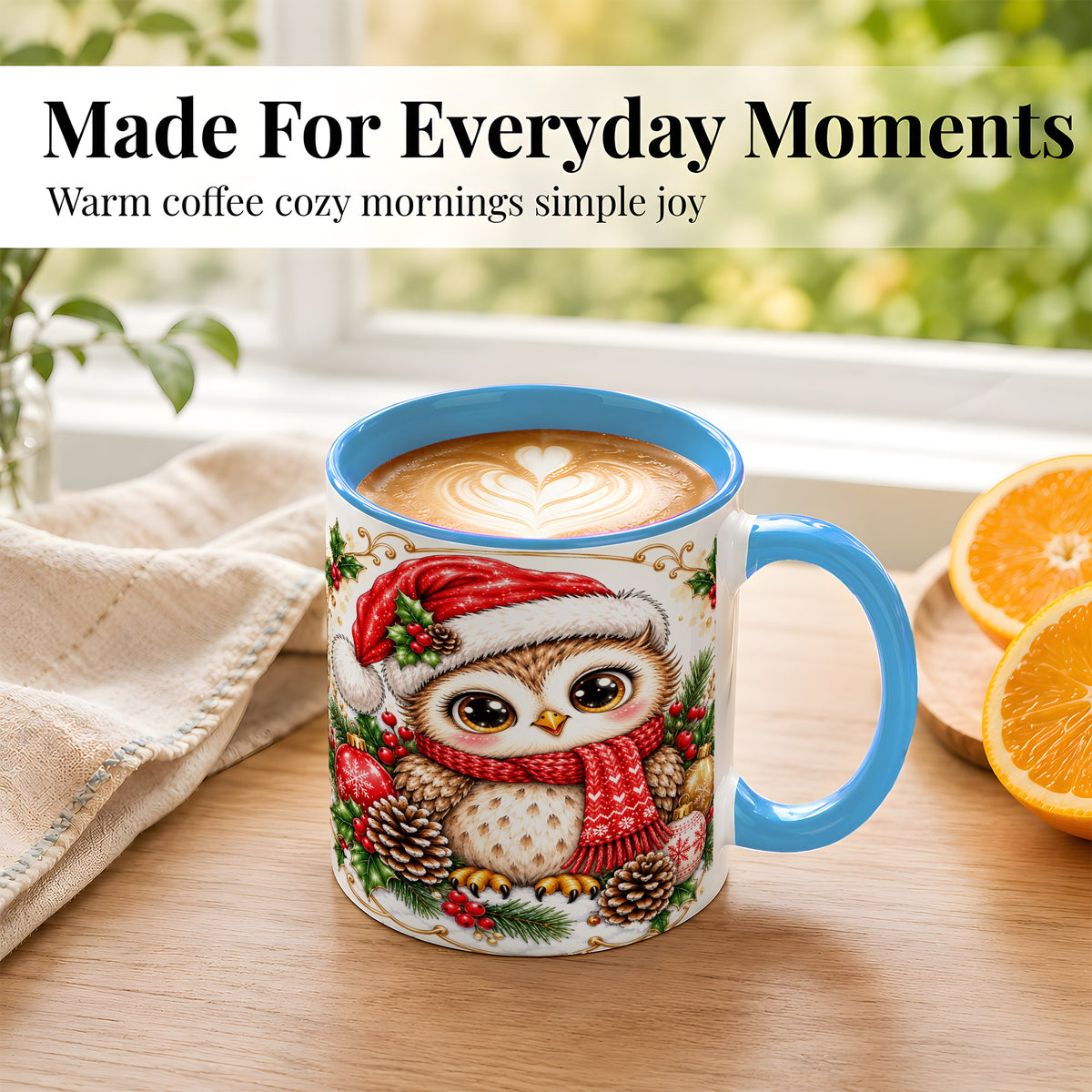 #pl[11oz|Blue] Cute Christmas Owl Coffee Mug, Snowy Woodland Bird Mug, Ceramic Cup