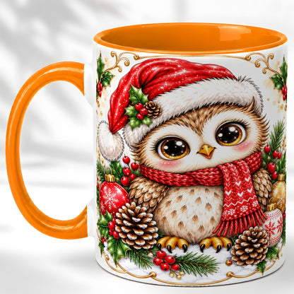 #pl[11oz|Orange] Cute Christmas Owl Coffee Mug, Snowy Woodland Bird Mug, Ceramic Cup