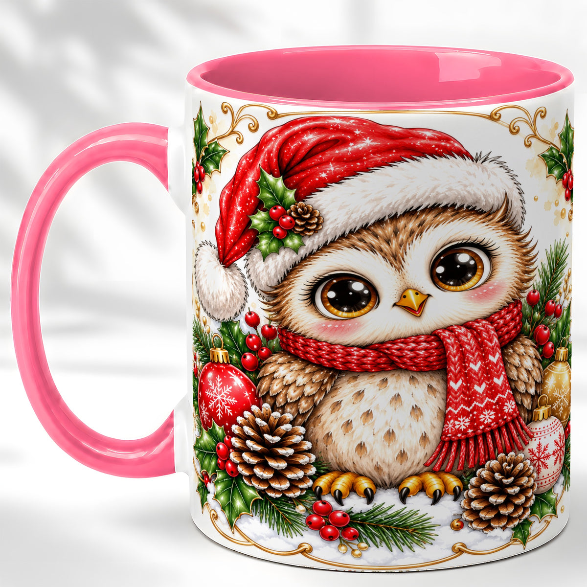 #pl[11oz|Pink] Cute Christmas Owl Coffee Mug, Snowy Woodland Bird Mug, Ceramic Cup