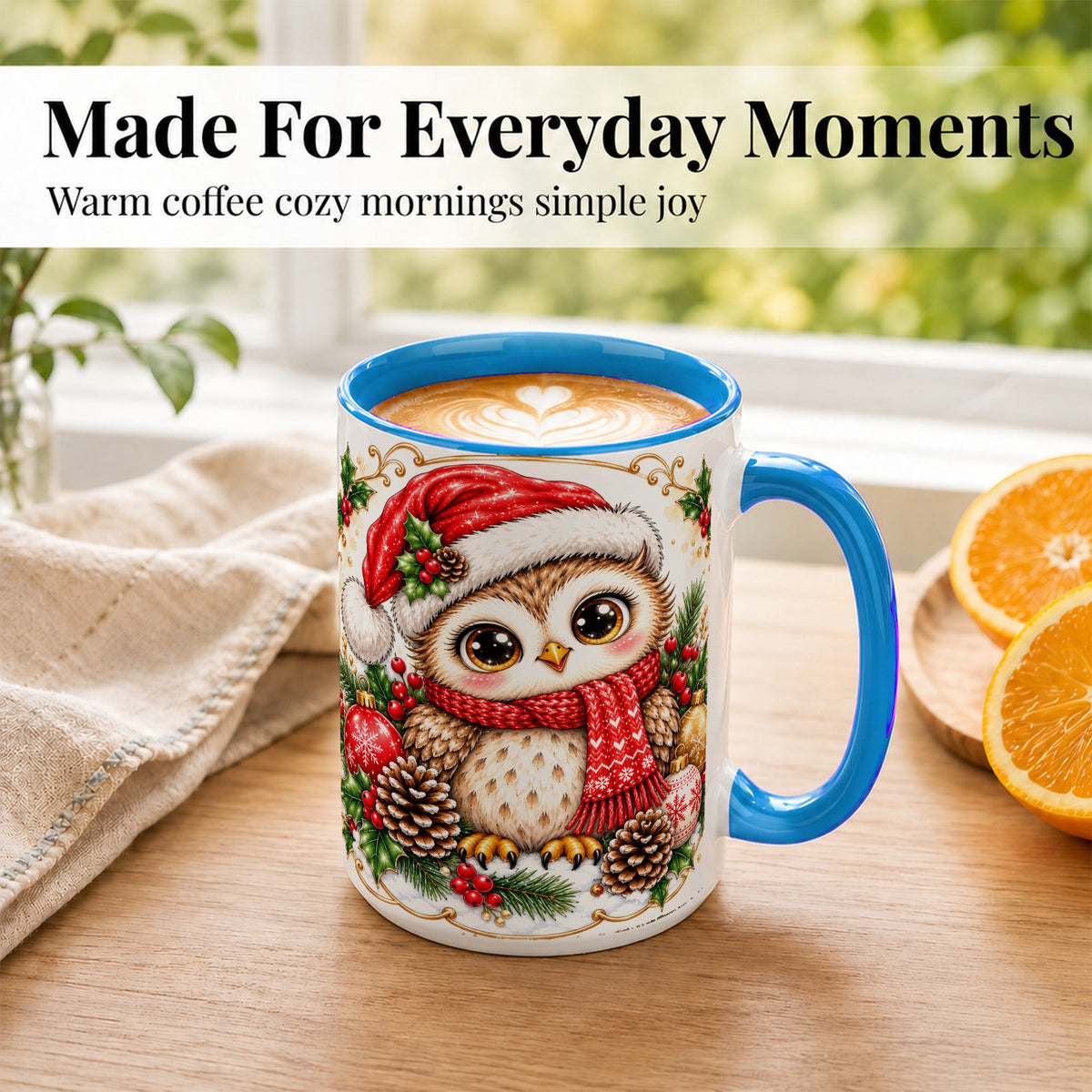 #pl[15oz|Blue] Cute Christmas Owl Coffee Mug, Snowy Woodland Bird Mug, Ceramic Cup