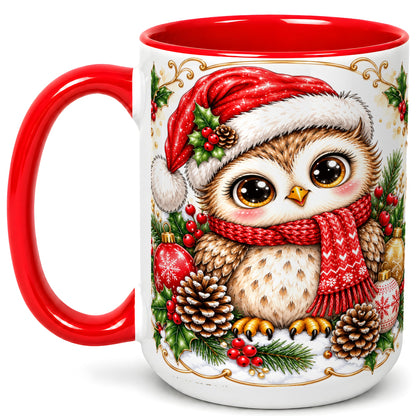 #pl[15oz|Red] Cute Christmas Owl Coffee Mug, Snowy Woodland Bird Mug, Ceramic Cup