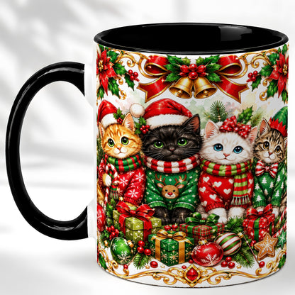 #pl[11oz|Black] Christmas Kittens Coffee Mug, Four Festive Cats Mug, Ceramic Cup
