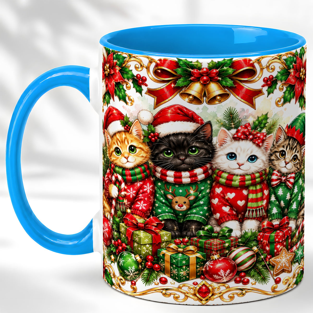 #pl[11oz|Blue] Christmas Kittens Coffee Mug, Four Festive Cats Mug, Ceramic Cup