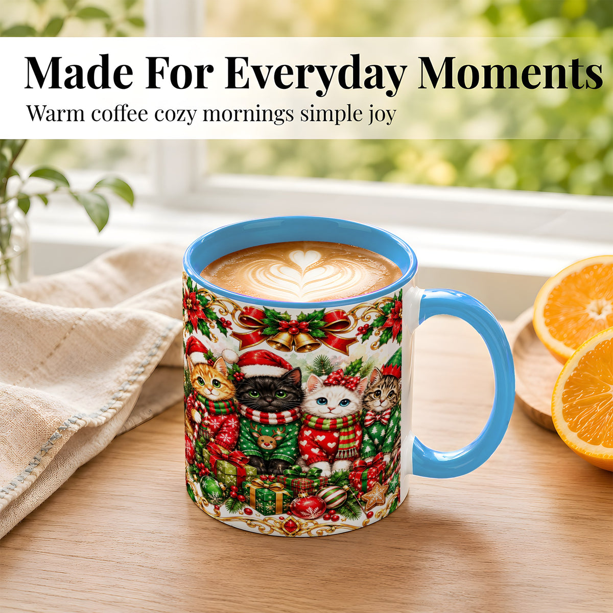 #pl[11oz|Blue] Christmas Kittens Coffee Mug, Four Festive Cats Mug, Ceramic Cup
