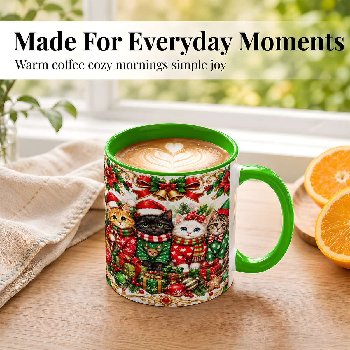 #pl[11oz|Green] Christmas Kittens Coffee Mug, Four Festive Cats Mug, Ceramic Cup