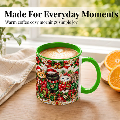 #pl[11oz|Green] Christmas Kittens Coffee Mug, Four Festive Cats Mug, Ceramic Cup