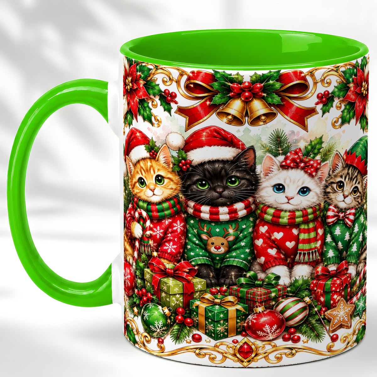 #pl[11oz|Green] Christmas Kittens Coffee Mug, Four Festive Cats Mug, Ceramic Cup