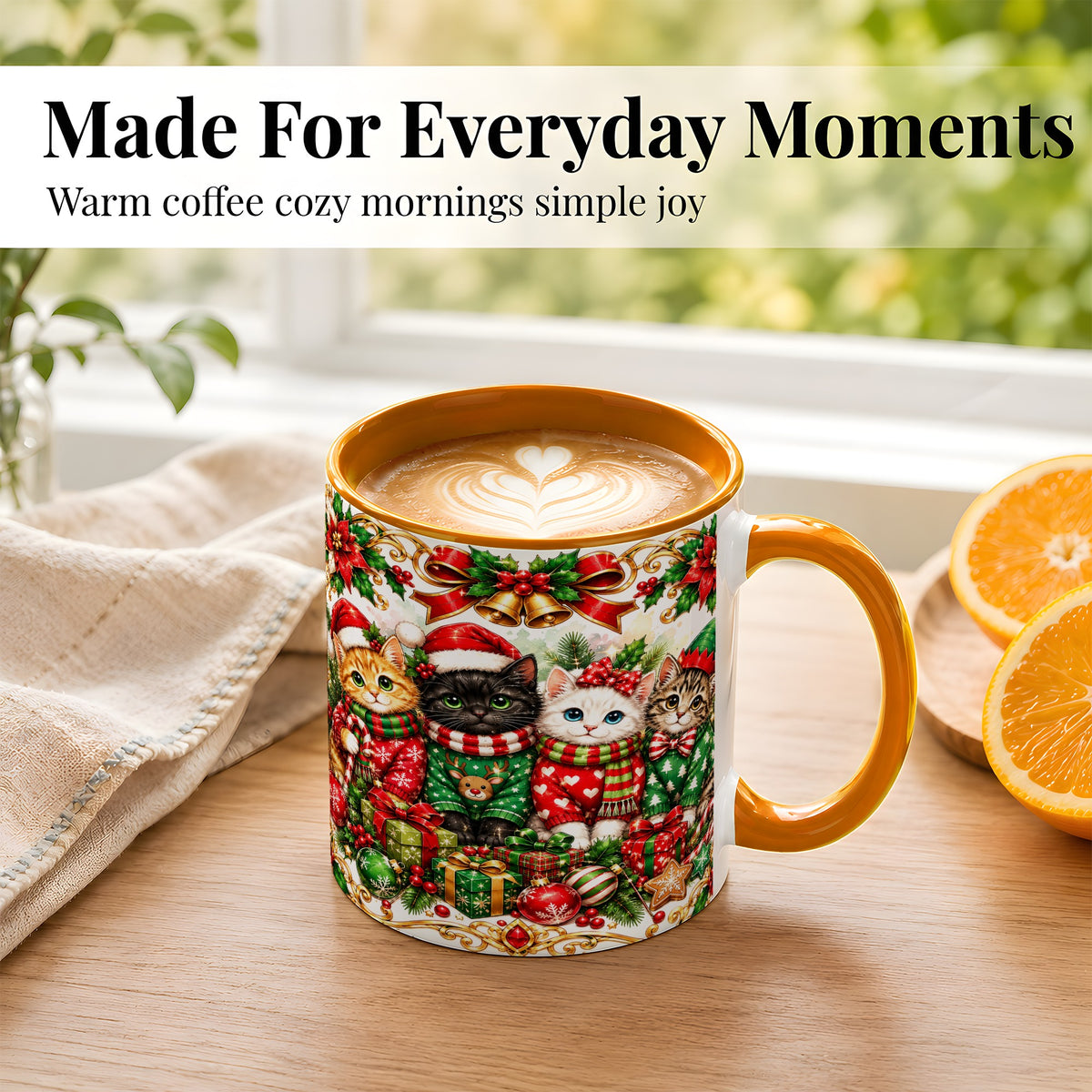 #pl[11oz|Orange] Christmas Kittens Coffee Mug, Four Festive Cats Mug, Ceramic Cup