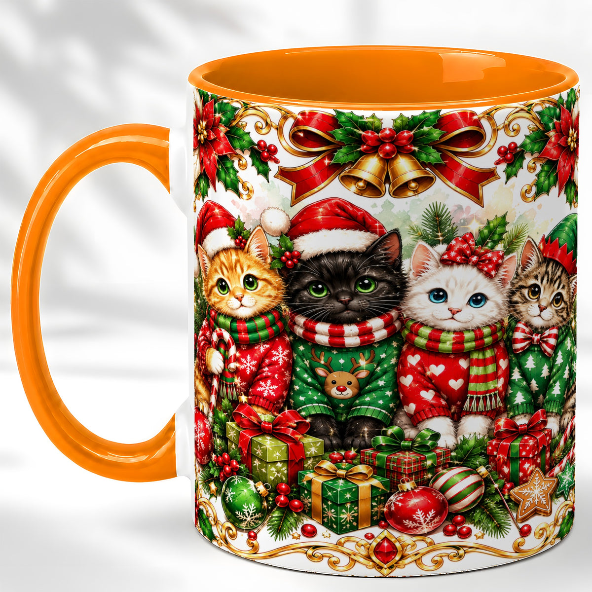 #pl[11oz|Orange] Christmas Kittens Coffee Mug, Four Festive Cats Mug, Ceramic Cup