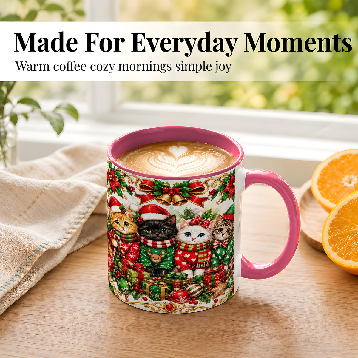 #pl[11oz|Pink] Christmas Kittens Coffee Mug, Four Festive Cats Mug, Ceramic Cup